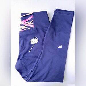 Fabletics Navy Blue Leggings with Pink and Orange Stripes